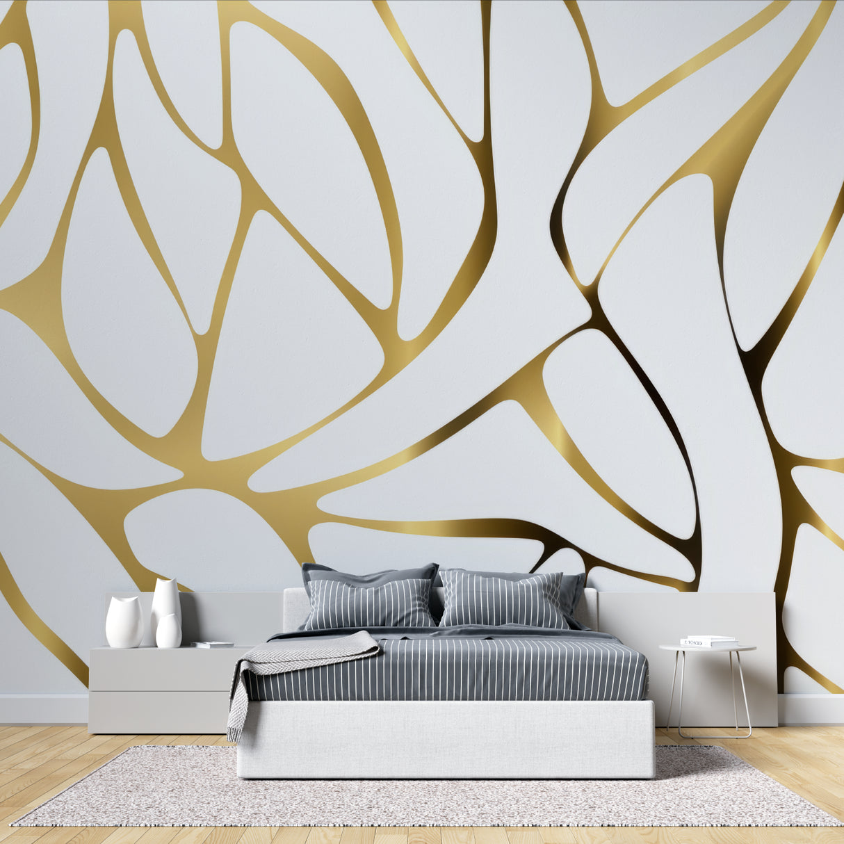 Gold geometric pattern wallpaper in dining room showcasing evening lighting effects