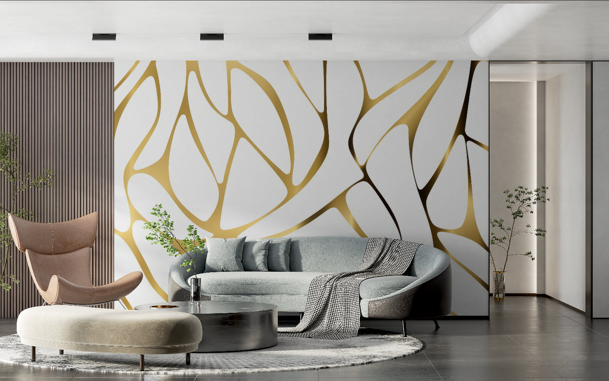 Modern abstract wallpaper with gold details in master bedroom setting
