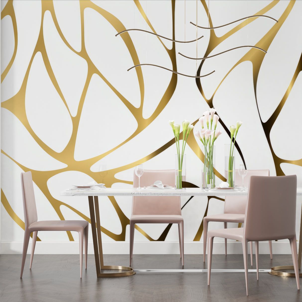 Art deco gold wallpaper in home office showing pattern scale and detail