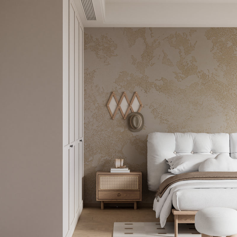 Master bedroom featuring Abstract Beige Wallpaper with subtle golden highlights
