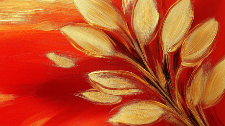 Golden leaves on red canvas design file showing intricate details and metallic accents