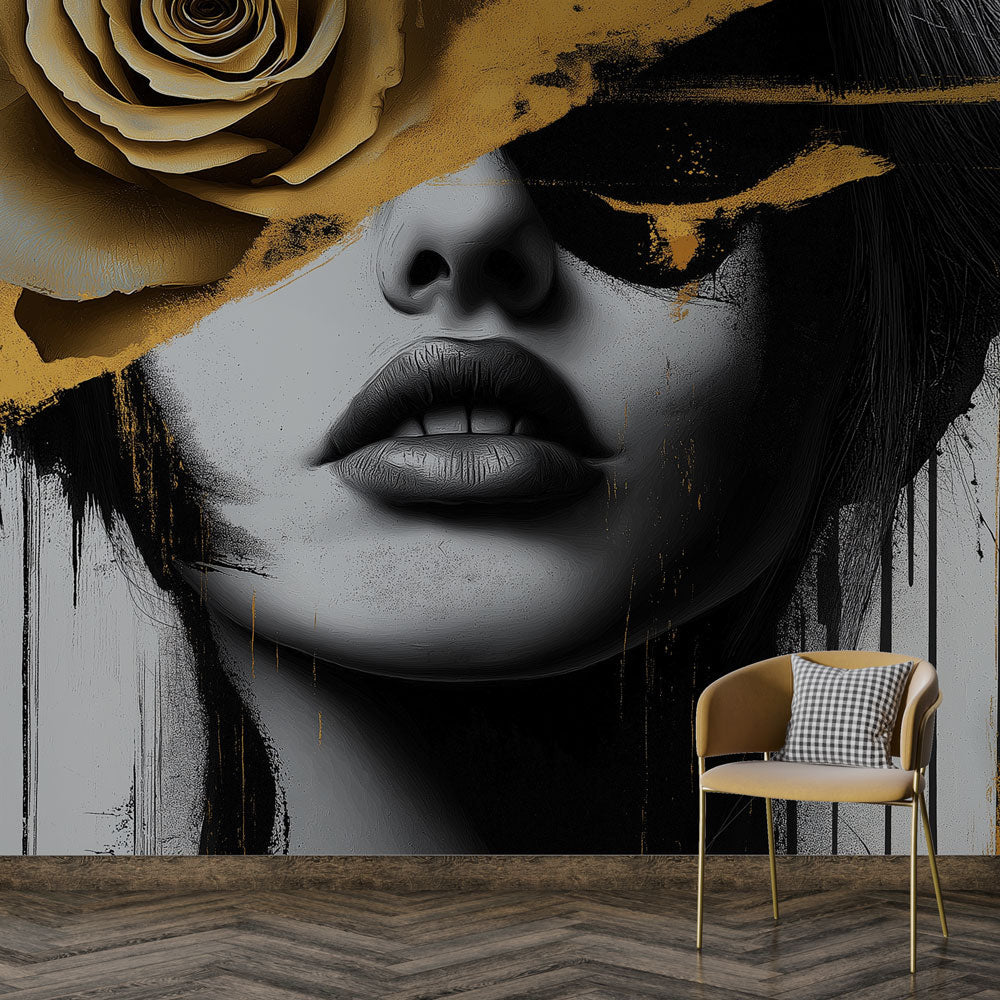 Abstract portrait wallpaper in black and gold creating dramatic impact in modern living room setting