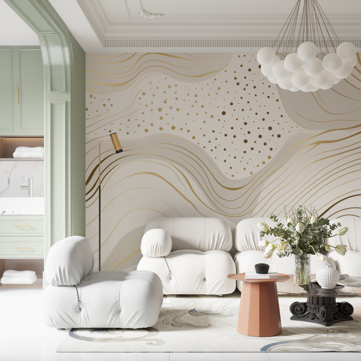 Abstract gold wave wallpaper creating an elegant focal point in a modern living room with clean furniture