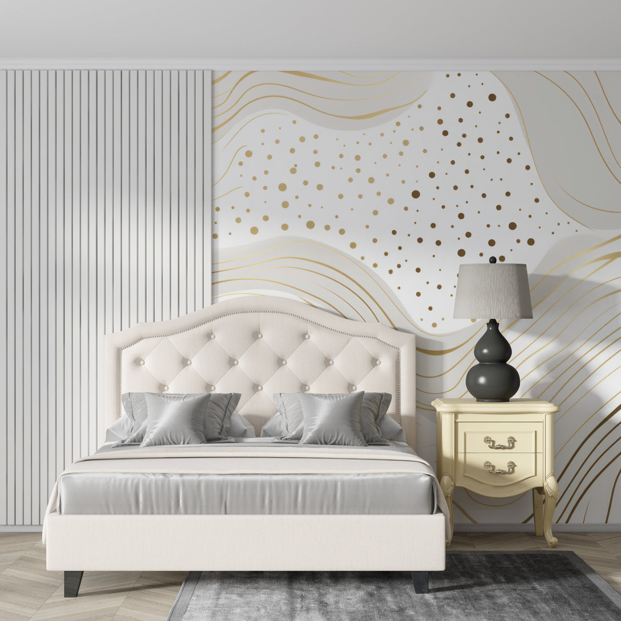 Golden wave pattern mural adding luxury to a minimalist dining room setting
