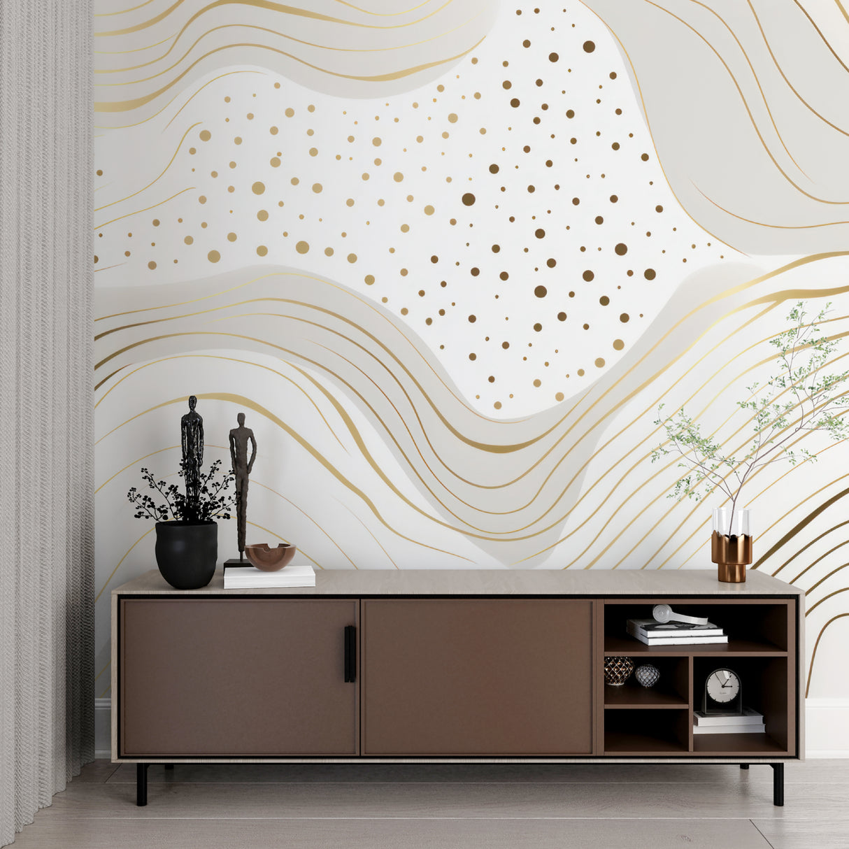 Abstract gold dots and waves wallpaper brightening a home office space
