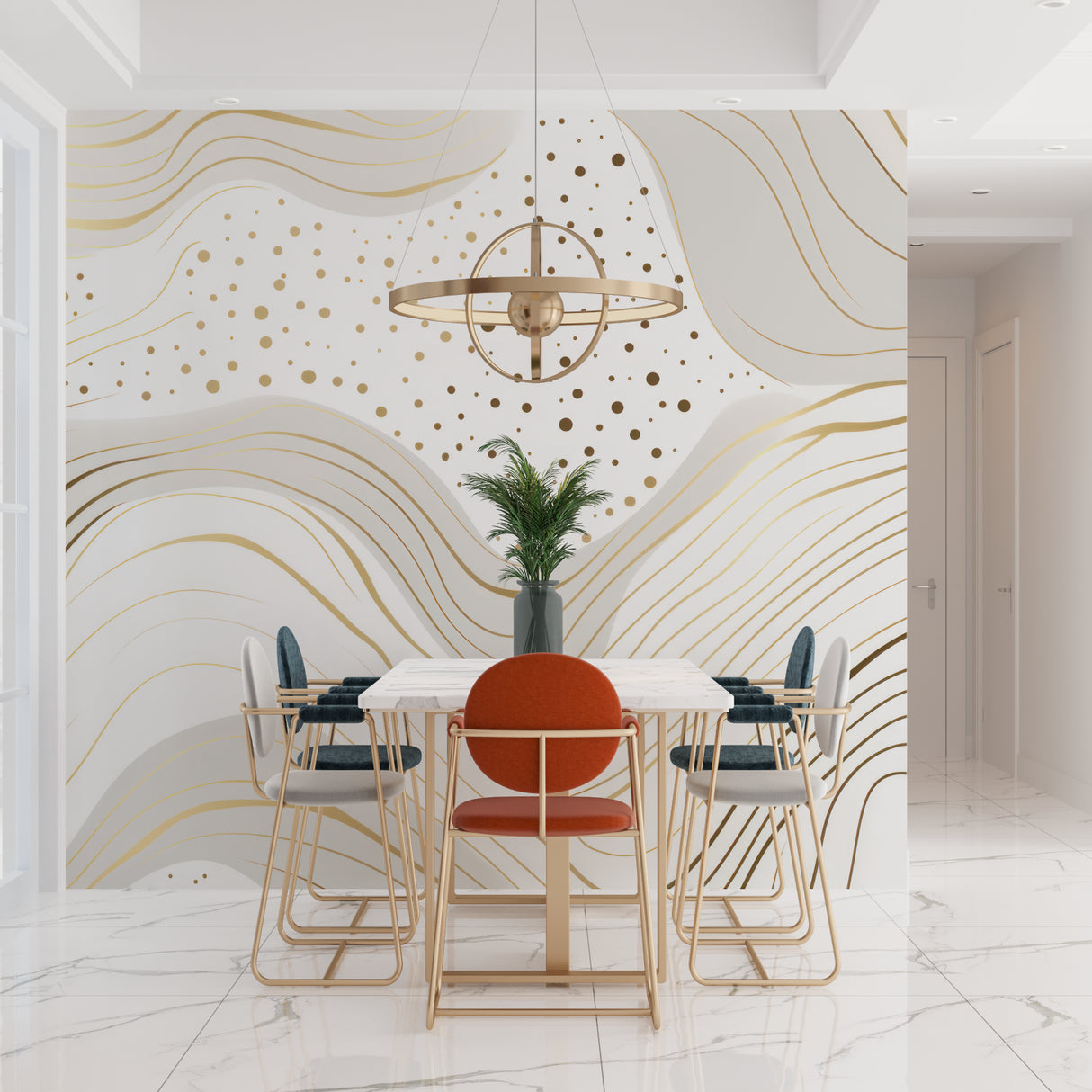 Modern gold wave wallpaper making a statement in a master bedroom
