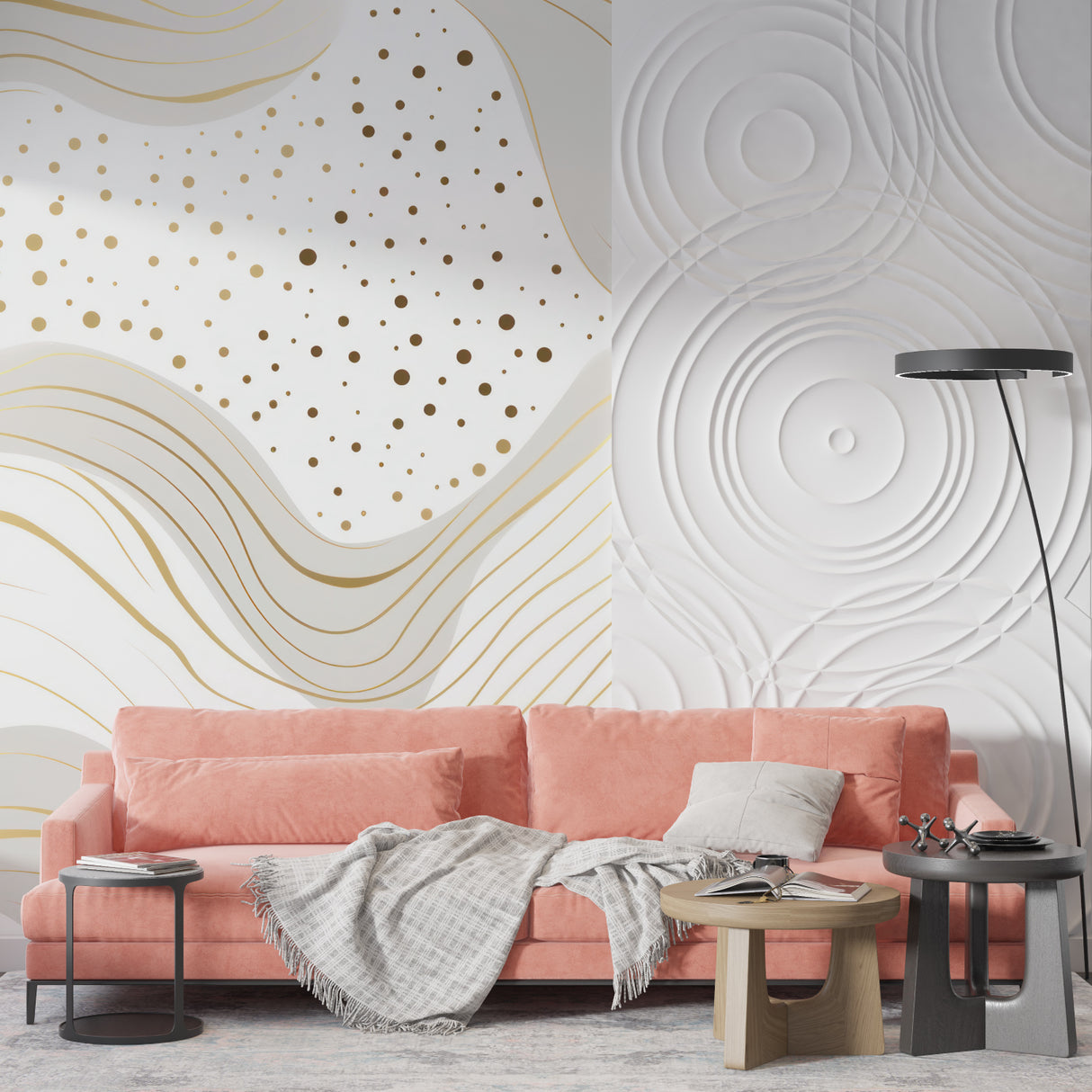 Abstract wave pattern creating depth in a contemporary hallway