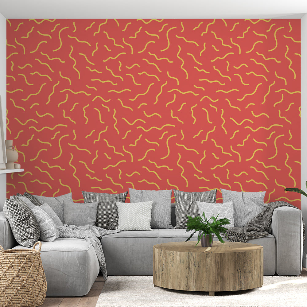 Abstract golden waves wallpaper creating a warm, inviting atmosphere in a modern living room with natural light