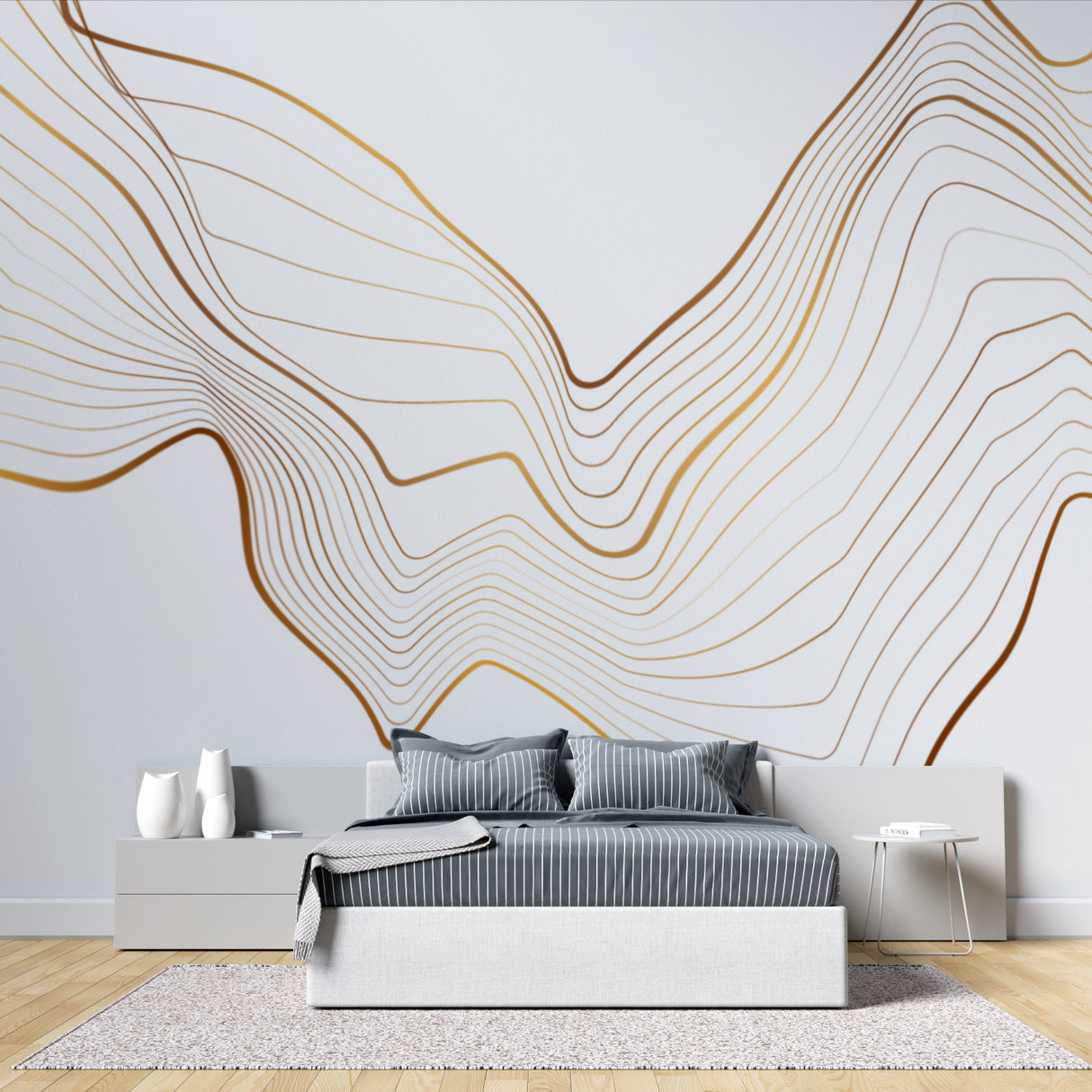 Abstract gold line wallpaper in minimalist dining room with pendant lights