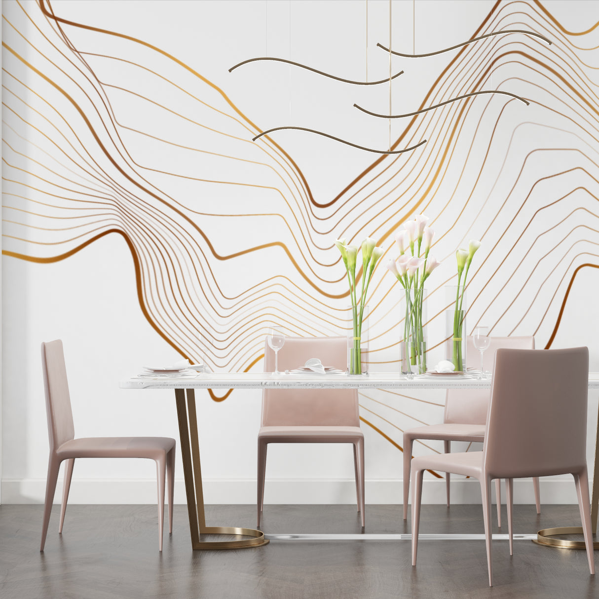 White and gold wave mural in luxury master bedroom setting