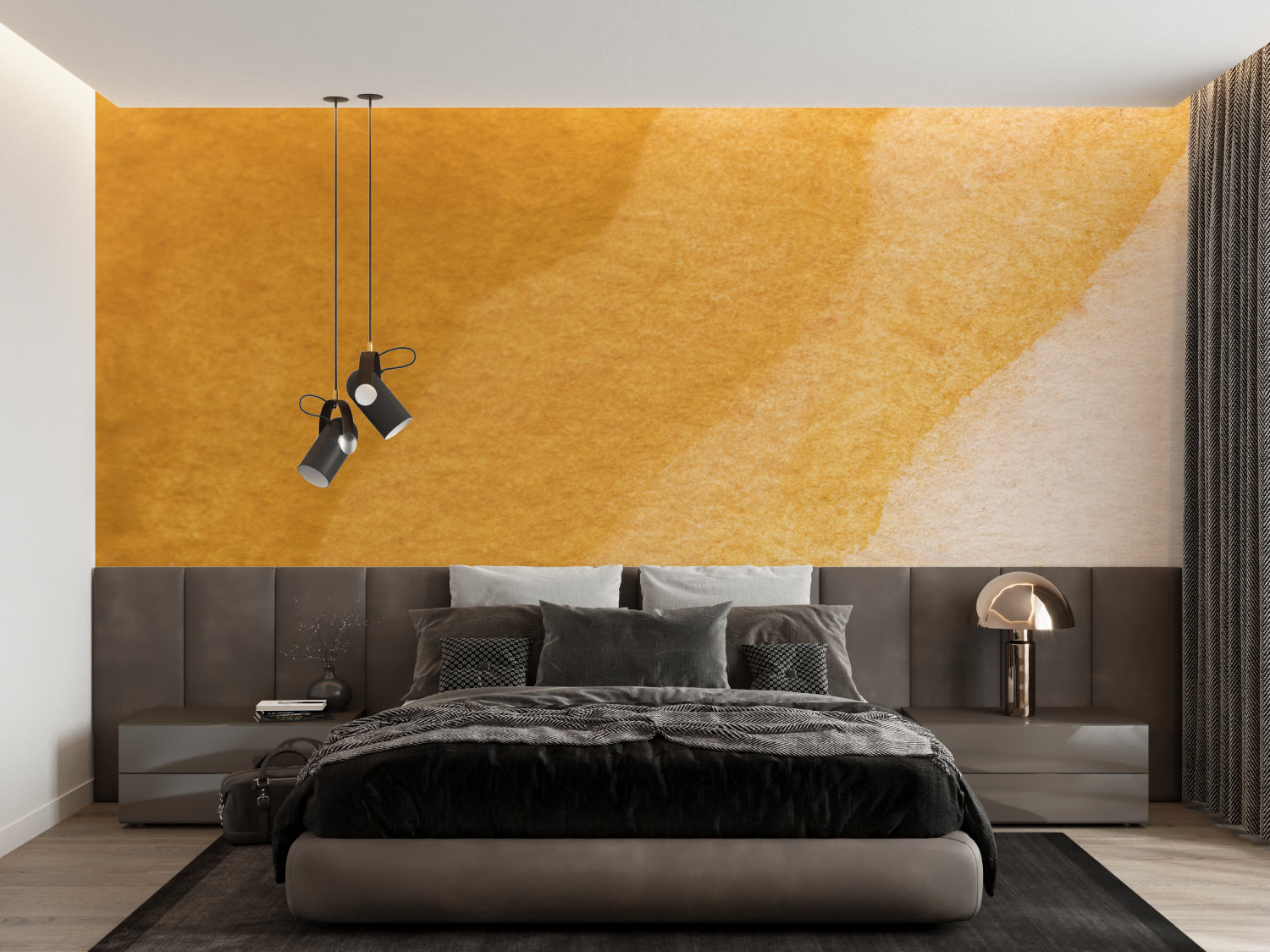 Golden ochre gradient mural in home office with clean modern furniture