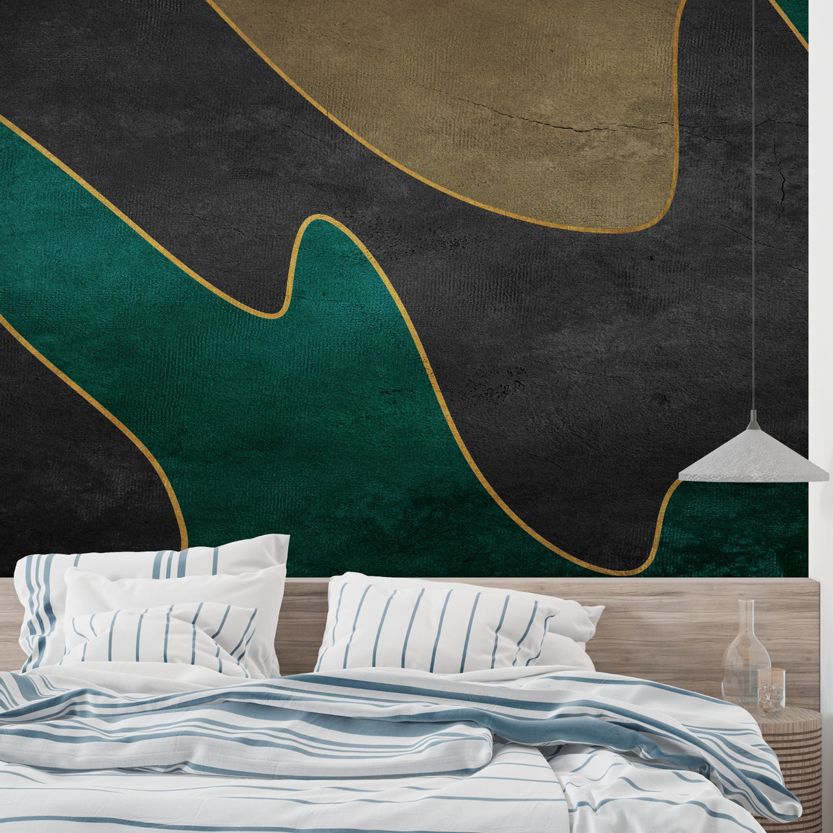 Modern abstract wallpaper adding luxury to a master bedroom