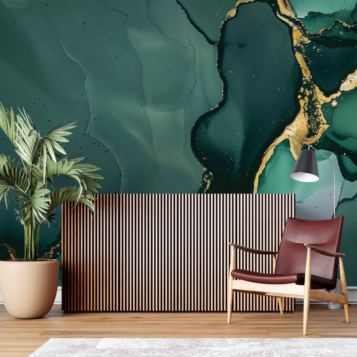 Green and gold marble effect wallpaper in modern living room creating luxurious atmosphere