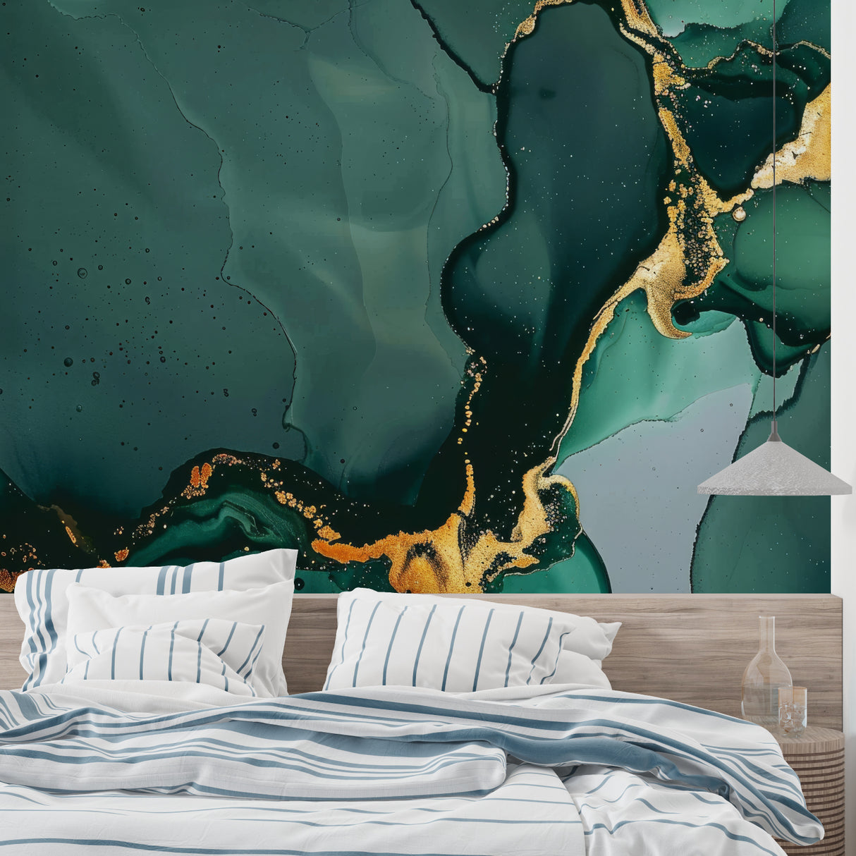 Marble effect feature wall with emerald and gold tones in master bedroom setting