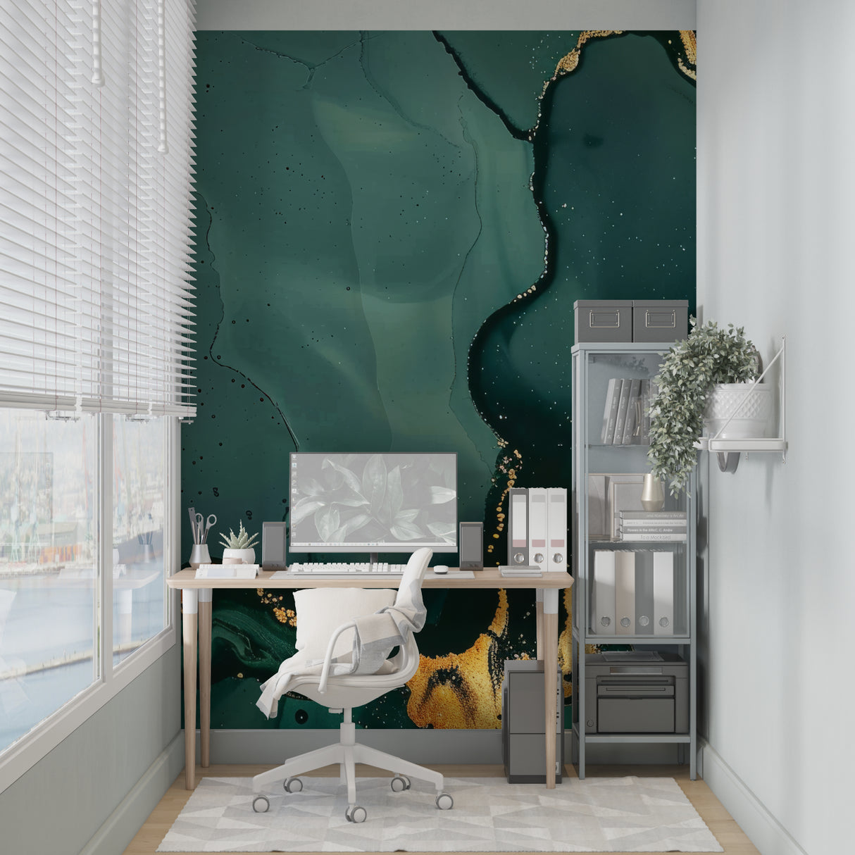 Abstract green marble wallpaper bringing elegance to dining room walls