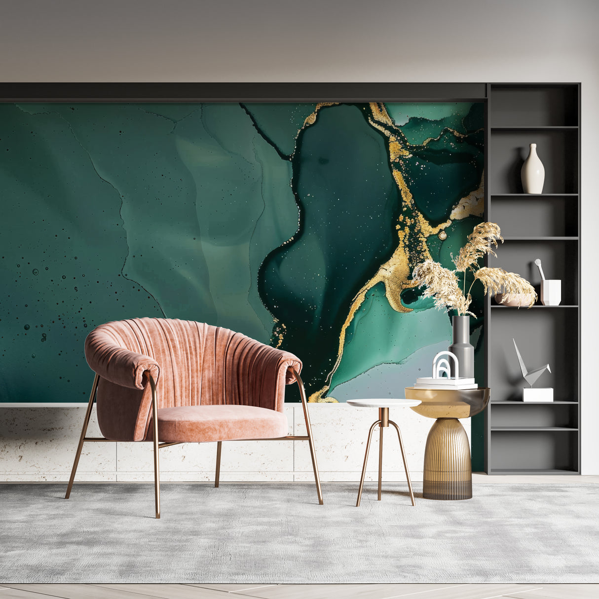 Green marble effect wallpaper with gold accents in home office space