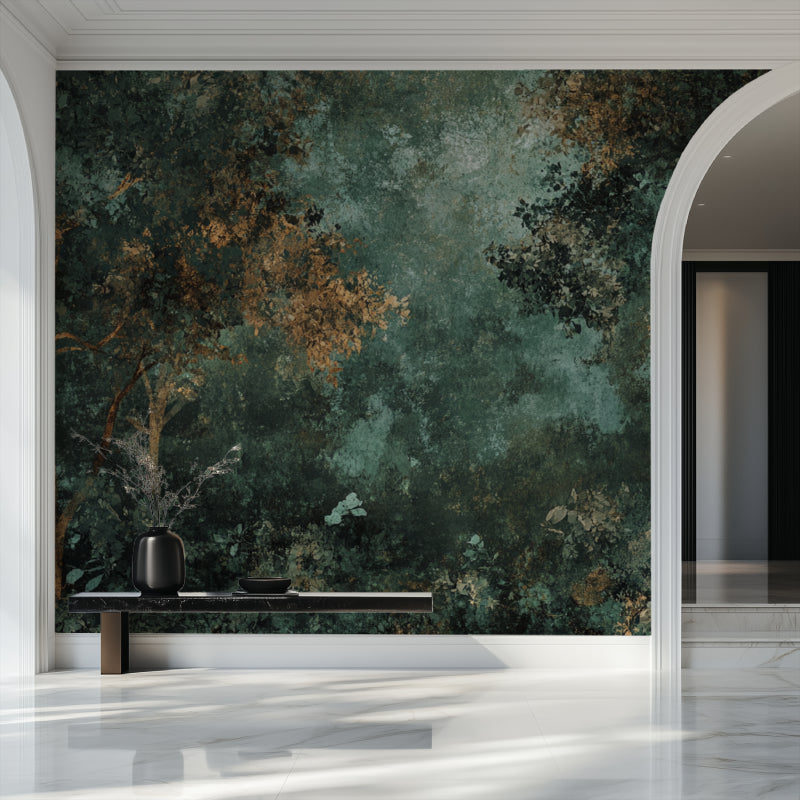 Green and gold abstract wallpaper in modern living room with natural light highlighting metallic accents