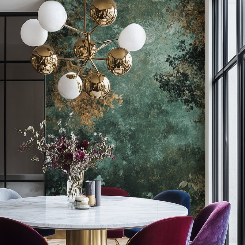 Abstract green and gold wall mural creating depth in minimalist dining room