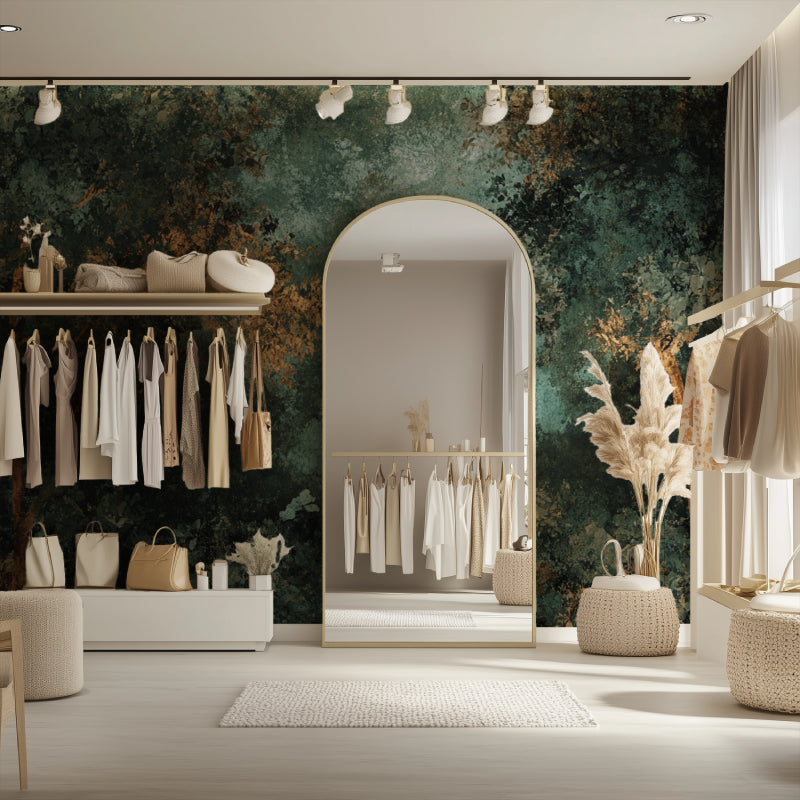 Elegant abstract wallpaper with emerald and gold tones in master bedroom