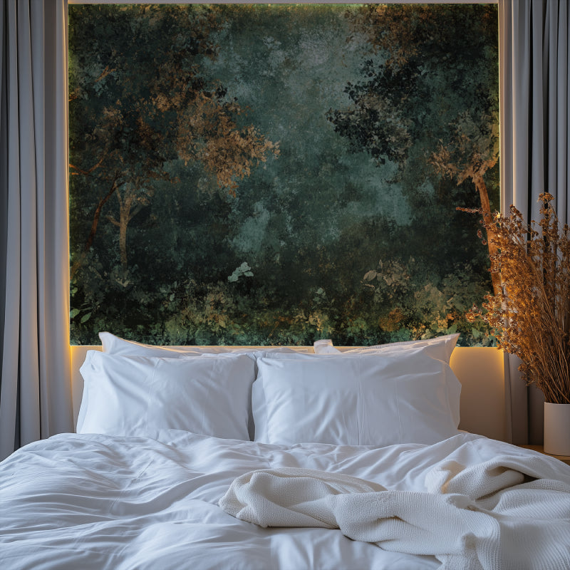 Green patina wallpaper design adding luxury to home office space