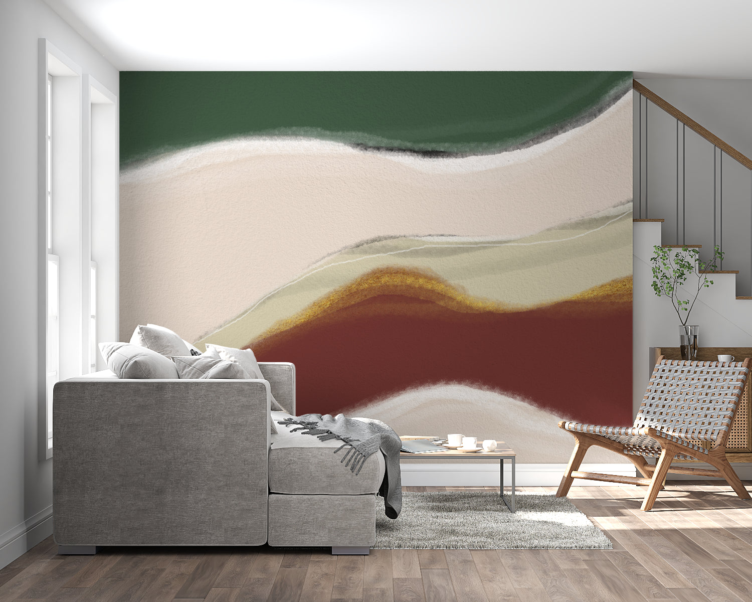 Modern hallway showcasing green and terracotta abstract wallpaper with minimal decor