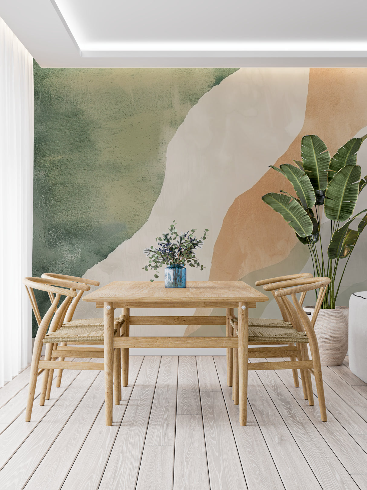 Modern abstract wave wallpaper in green and terracotta tones showcased in a bright living room setting