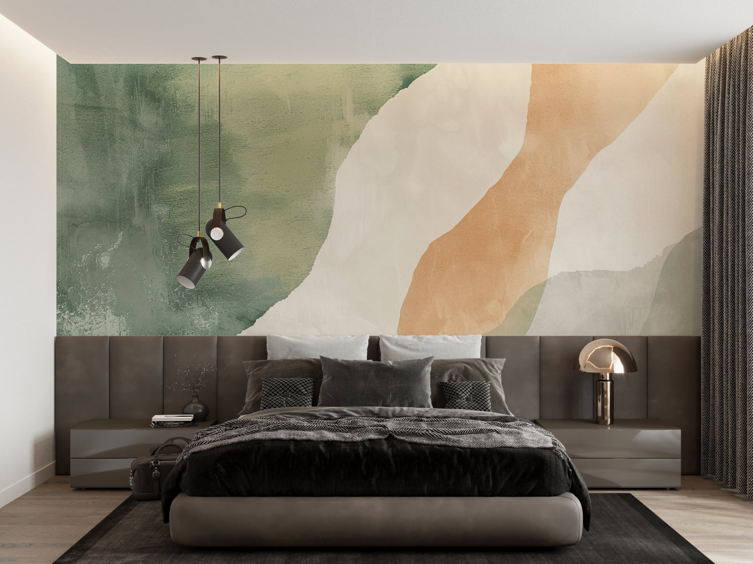 Abstract green wave mural creating a peaceful dining room accent wall
