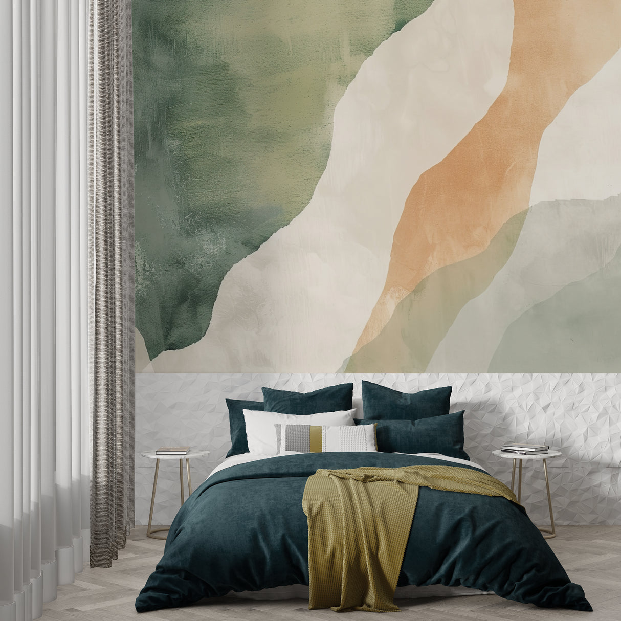 Contemporary home office featuring green and terracotta abstract wallpaper