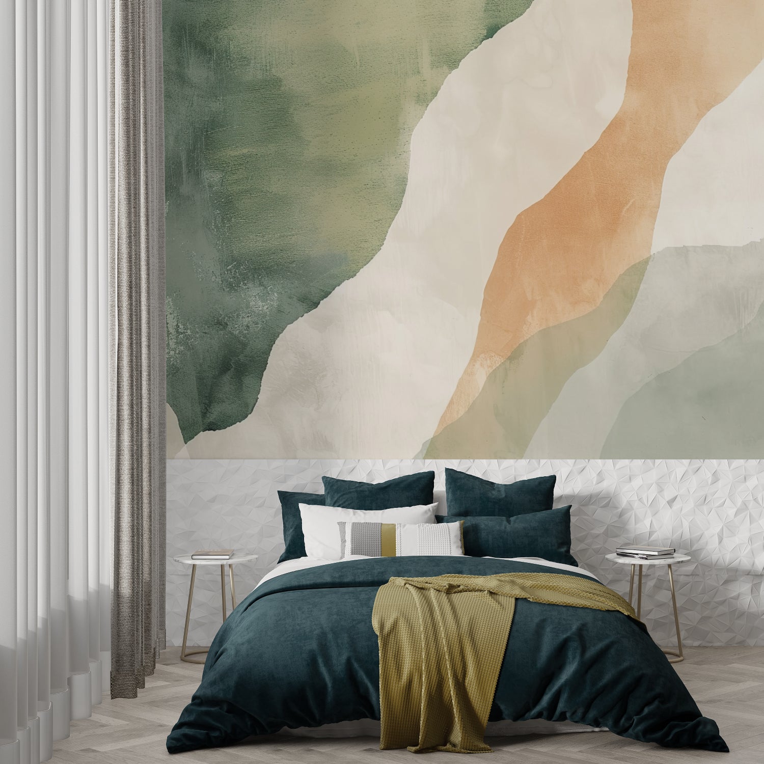 Contemporary home office featuring green and terracotta abstract wallpaper