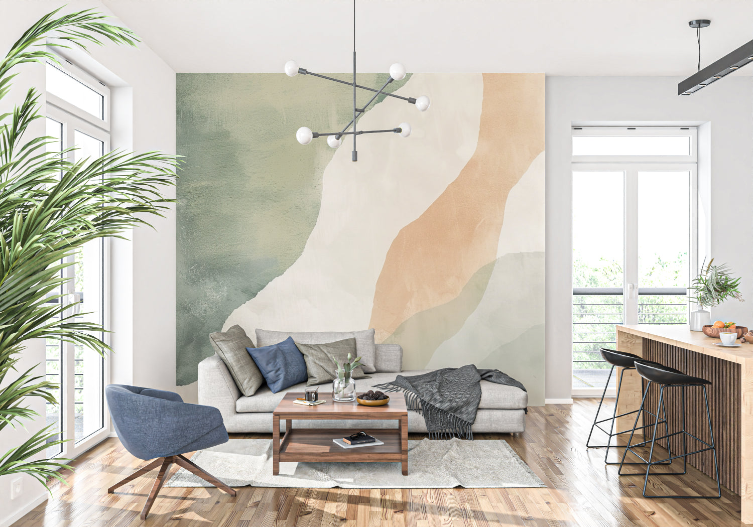 Modern bedroom with abstract wave wallpaper in sage green and warm terracotta