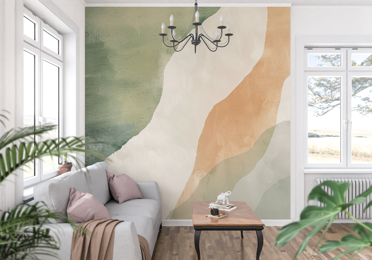 Minimalist entryway showcasing abstract green wave mural design