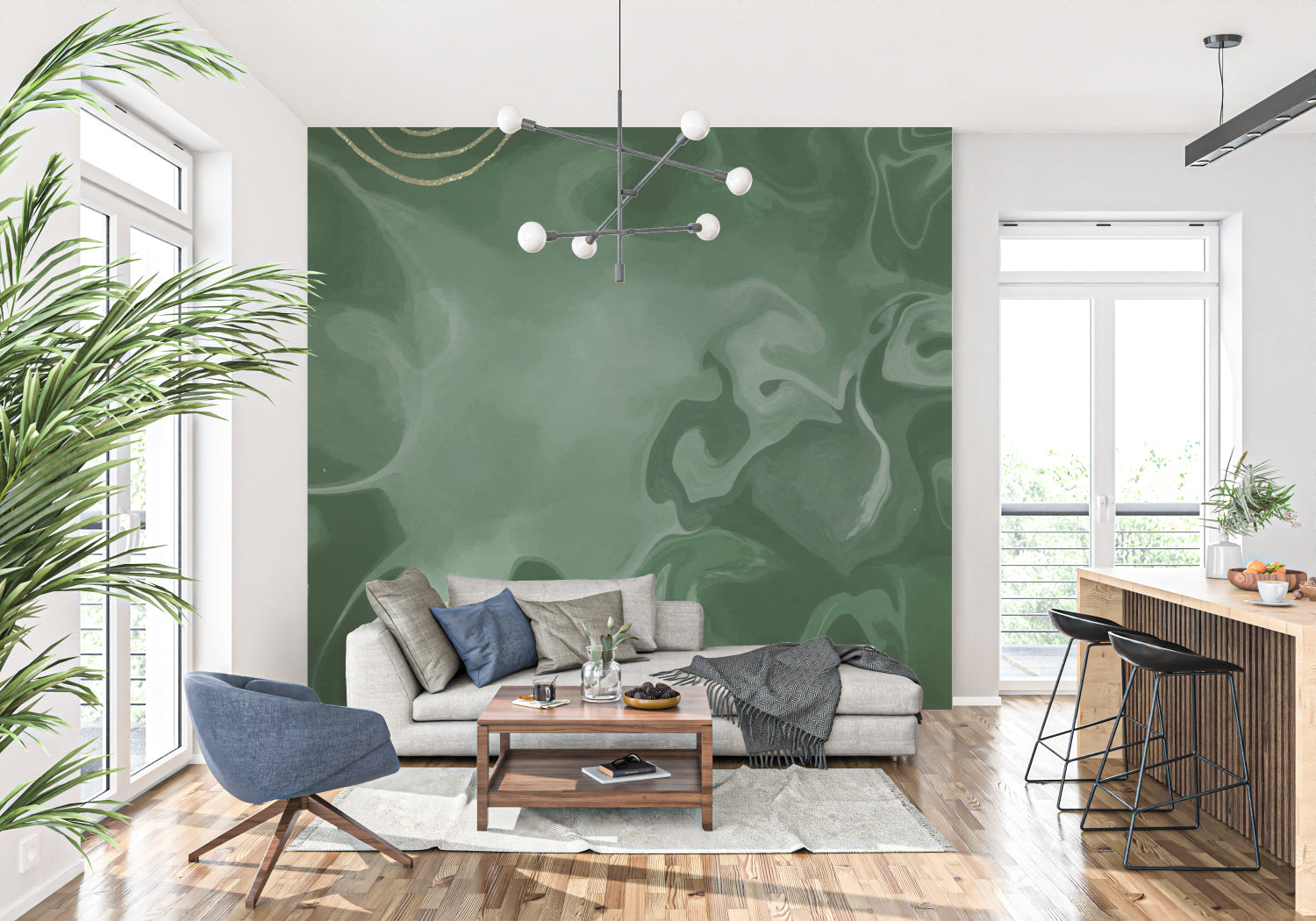 Emerald green marble wallpaper featured in dining room, gold details catching evening light
