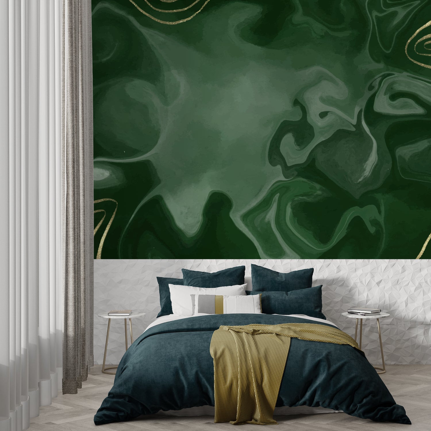 Luxury green marble wallpaper with gold accents in entrance hall creating grand welcome