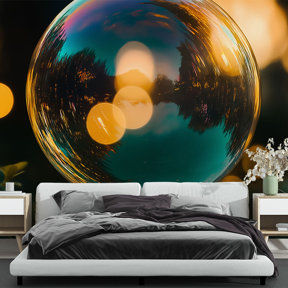 Abstract bubble wallpaper with golden bokeh effects creating depth in a modern living room setting