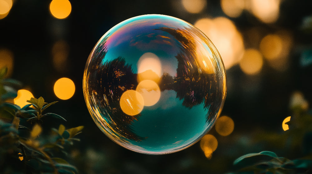 Iridescent bubble wallpaper design file showing floating sphere with golden bokeh pattern