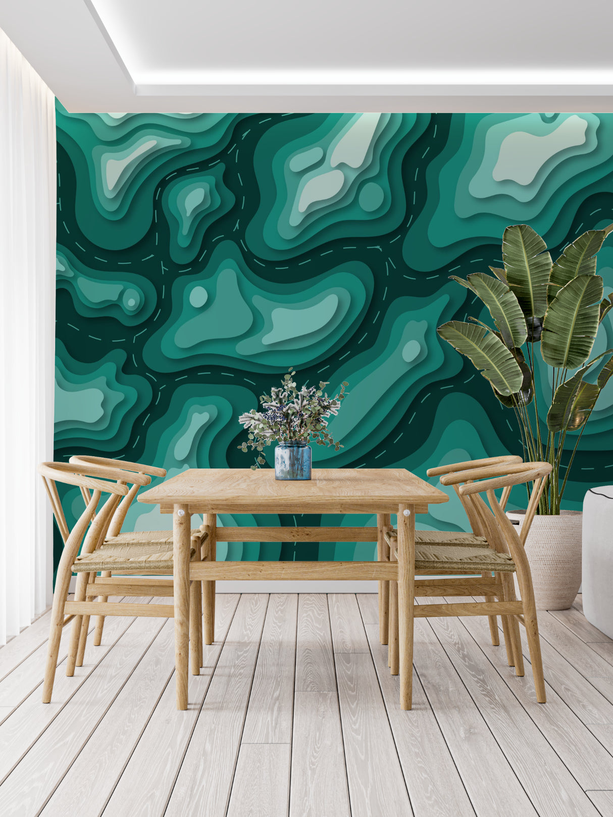 Modern office space featuring Teal Topographic Wallpaper creating depth behind minimalist desk setup