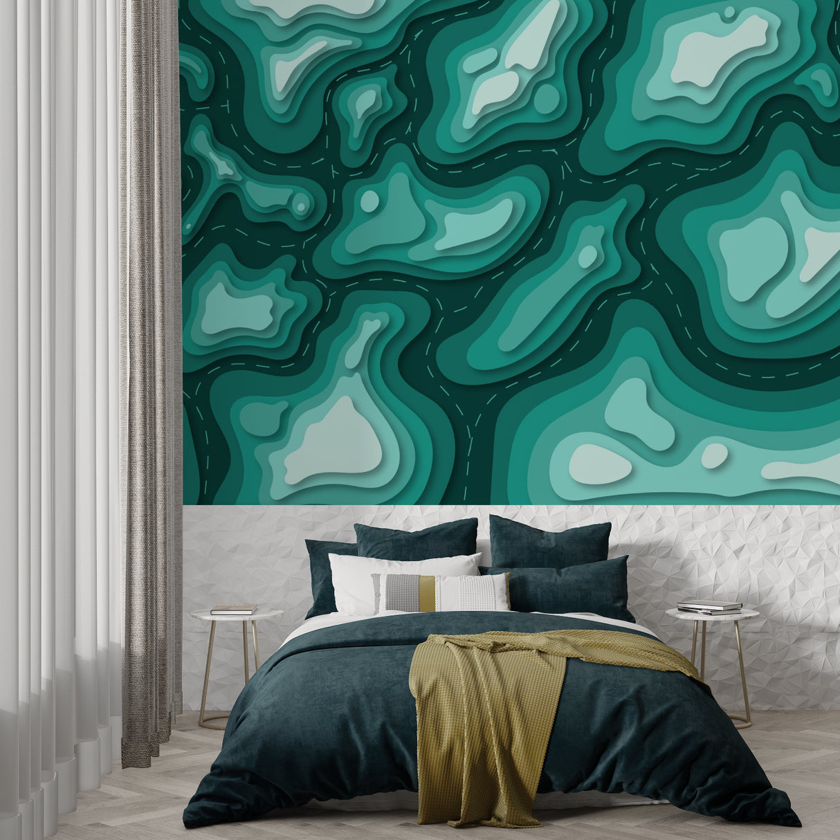 Living room with Abstract Teal Wallpaper making statement wall behind modern furniture