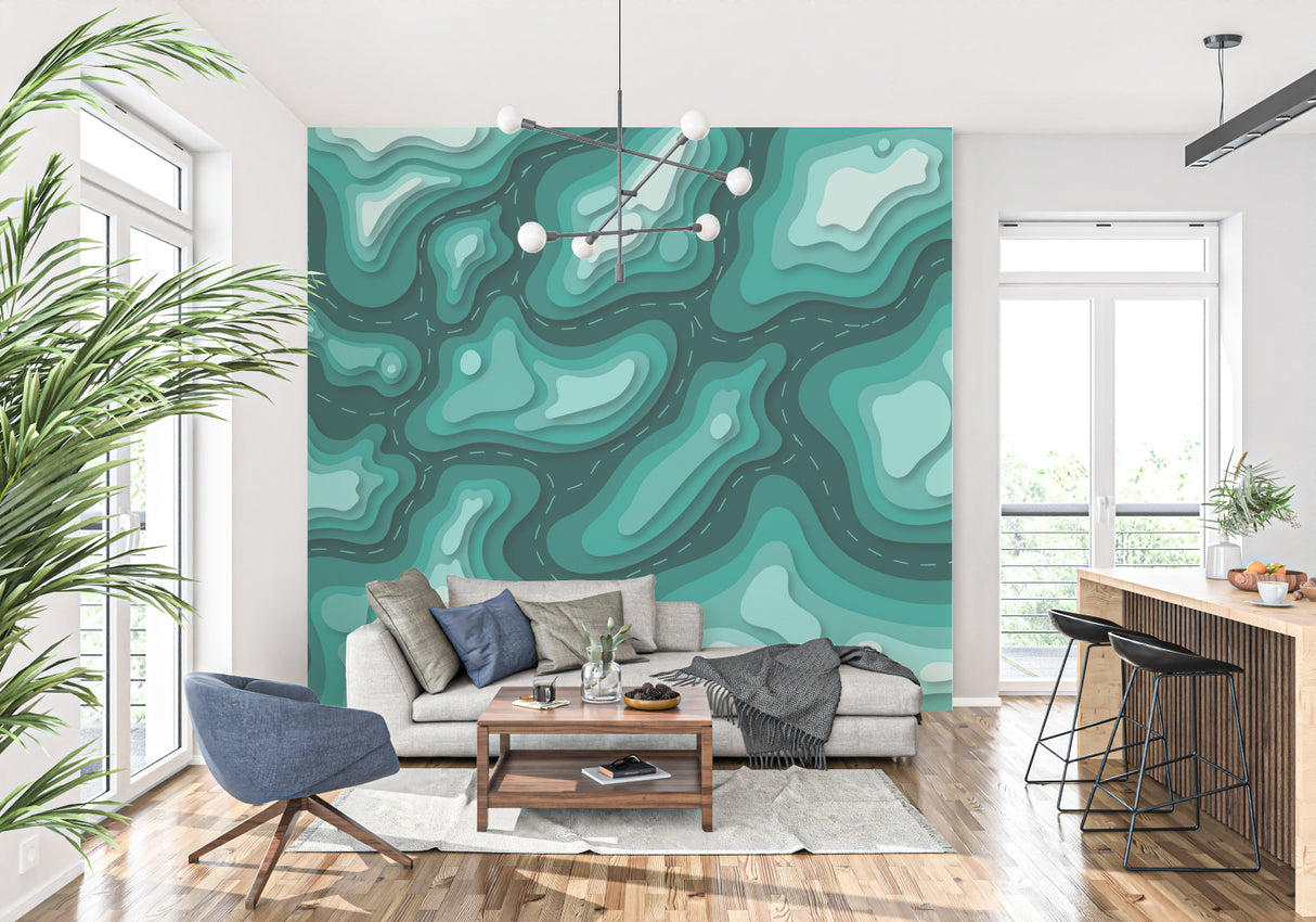 Dining area showcasing Topographic Wall Mural adding sophistication to clean interior