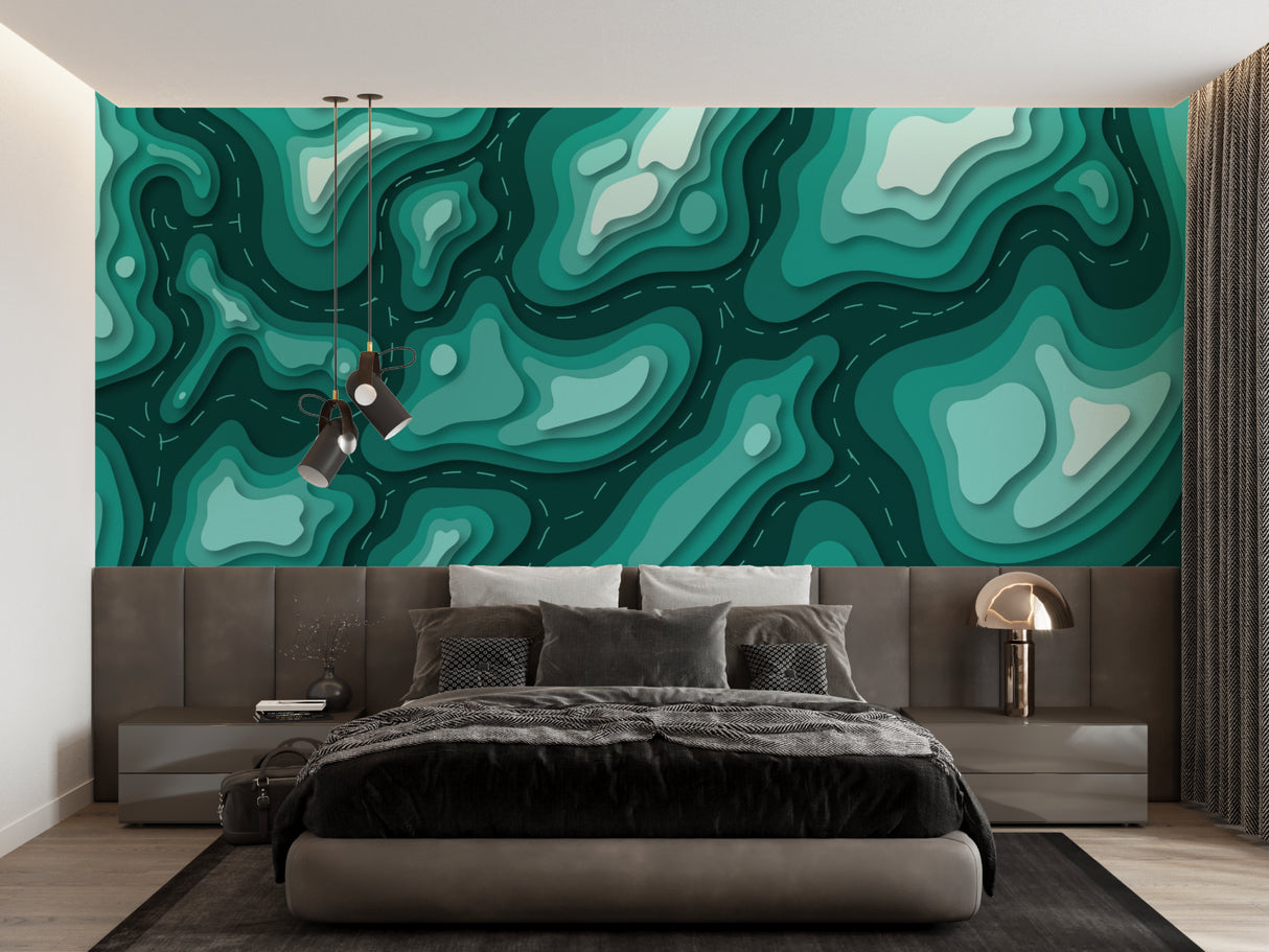Bedroom with Teal Abstract Wallpaper creating calm, flowing atmosphere