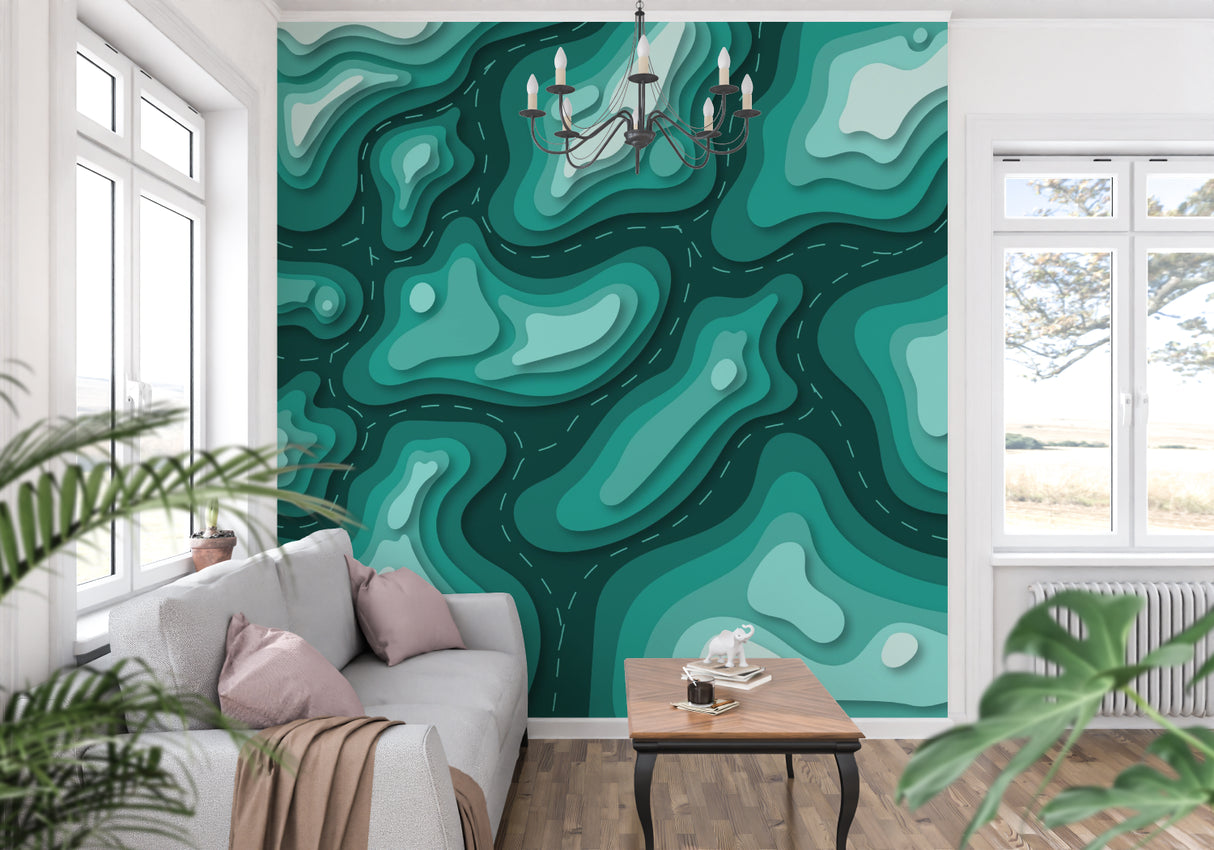 Hotel lobby featuring Modern Teal Wallpaper making bold architectural statement