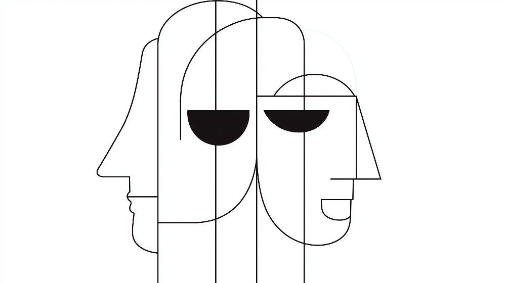 Modern Line Art Face Wallpaper creating dramatic impact in a minimalist living room with white furniture