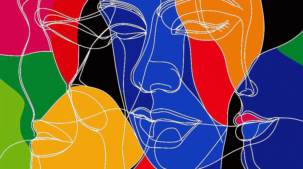 Modern line art face wallpaper creating a stunning focal point in a bright contemporary living room with minimal furniture