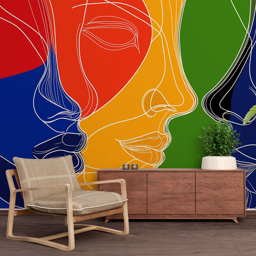 Modern abstract face line art wallpaper bringing vibrant colors to a minimalist living room with white furniture