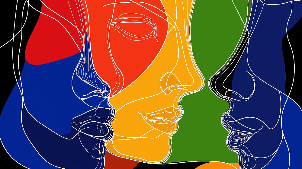 Abstract face line art wallpaper design file showing colorful geometric pattern with white contour drawings