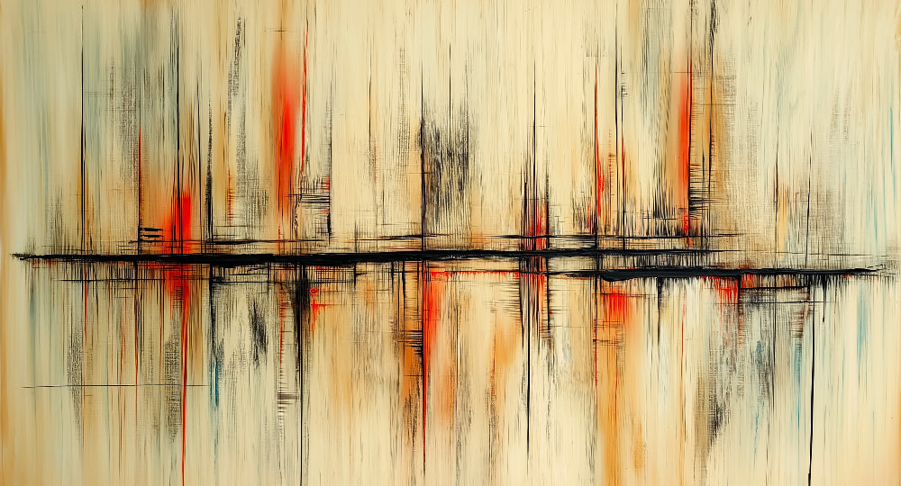 Abstract wall mural with red and beige lines shown in a modern living room setting with minimal furniture