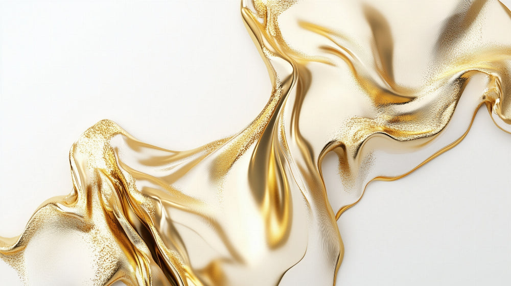 Gold abstract wallpaper mural creating a warm glow in a modern living room with minimal furniture