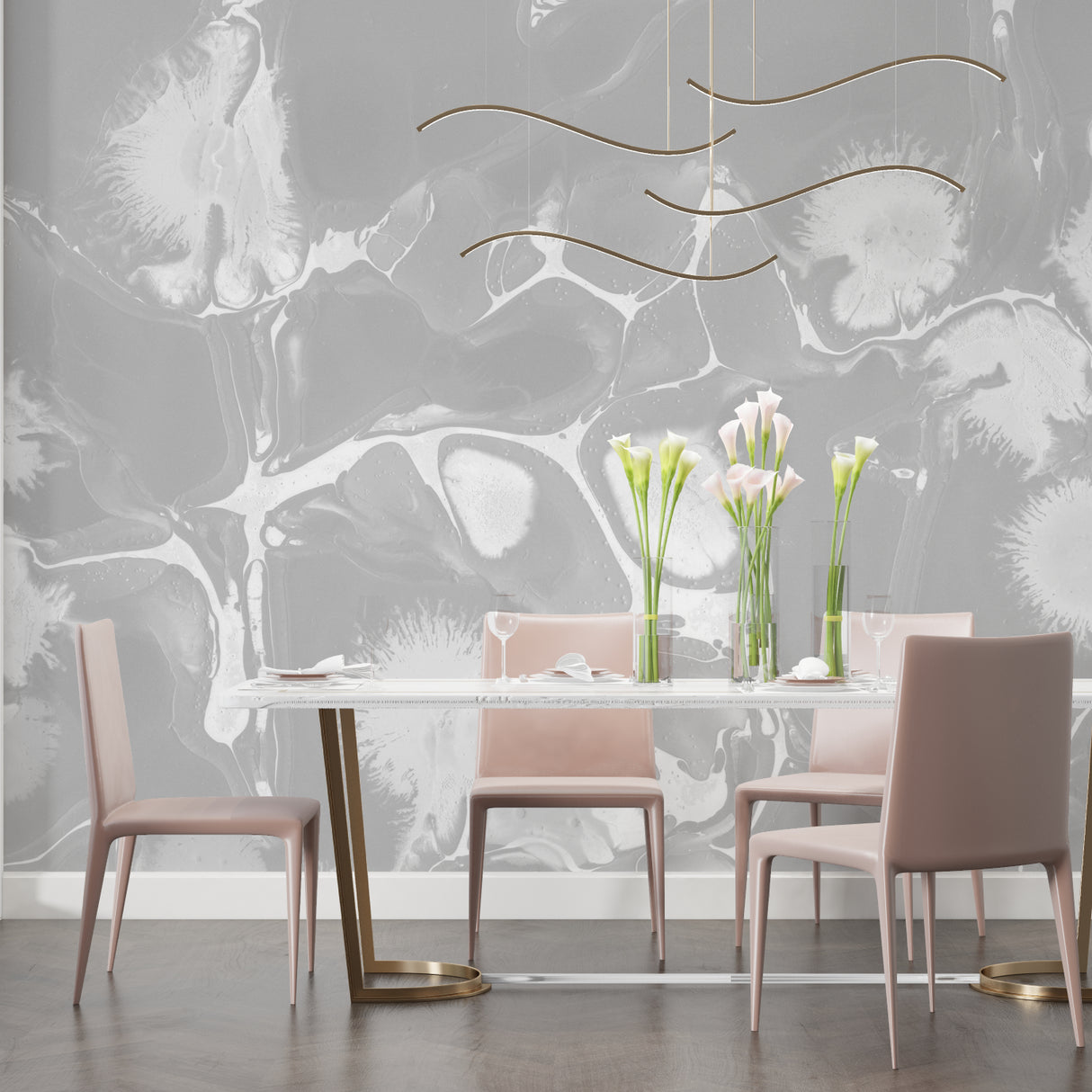 Abstract marble wall mural adding luxury to a minimalist dining room with crystal chandelier