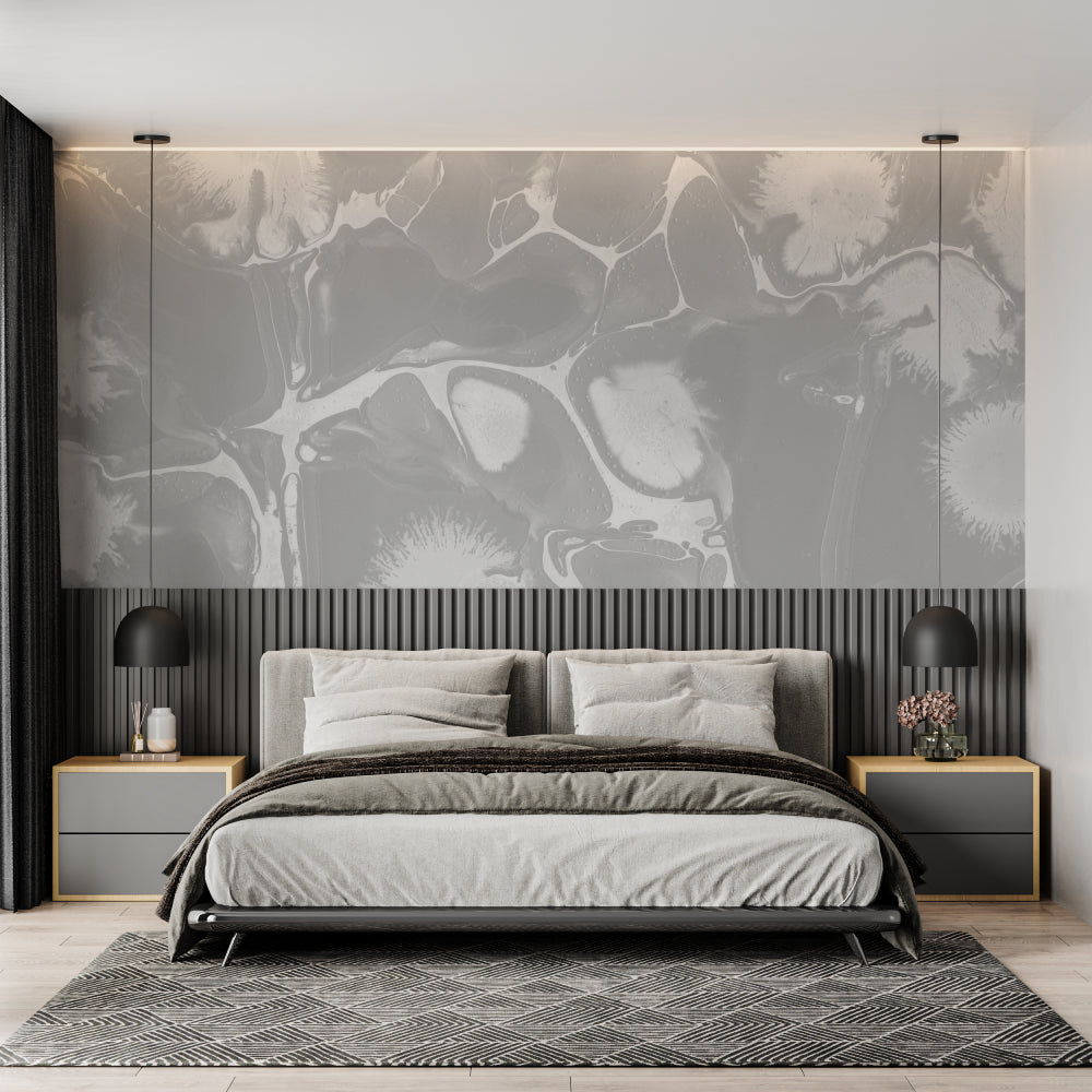 Grey and white marble effect wallpaper in a master bedroom, creating a calming atmosphere