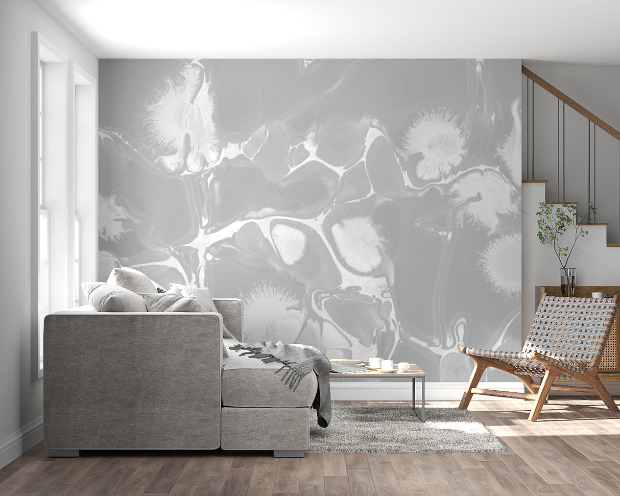 Marble abstract wallpaper bringing hotel luxury to an entryway with modern furniture