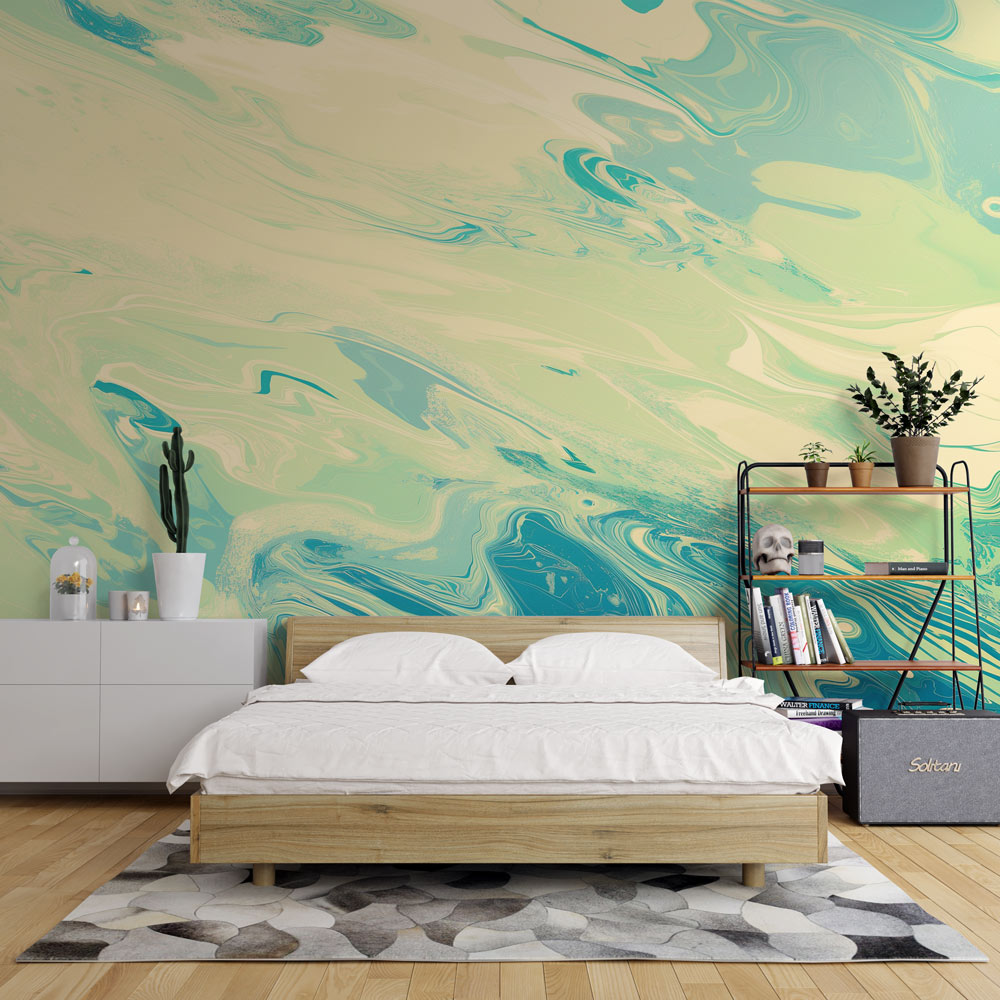 Abstract turquoise ocean flow wallpaper in a modern coastal living room, creating a serene and sophisticated atmosphere